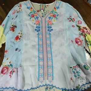 Johnny Was Medium Beautiful Pre-owned Condition Floral Embroidered Sheer Blouse